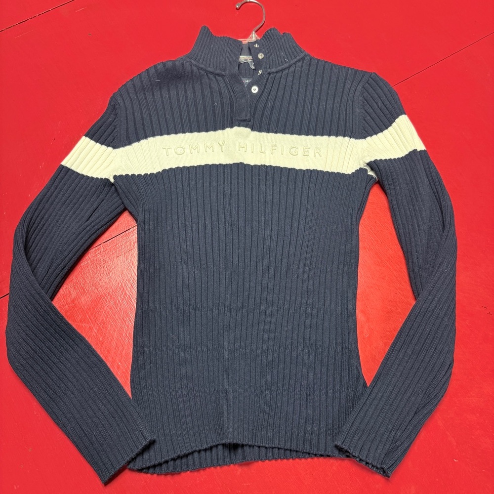 Tommy Hilfiger Ribbed Mock Neck Quarter Snap Sweater Men’s M Navy 100% Cotton